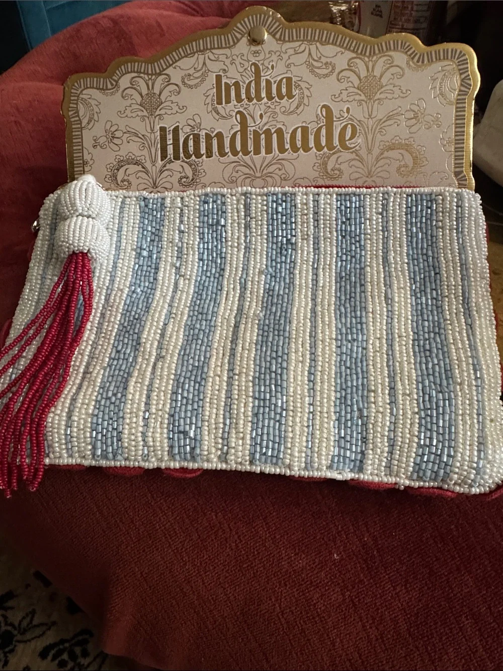 Handmade Beaded Clutch - White & Light Blue with Red Tassel